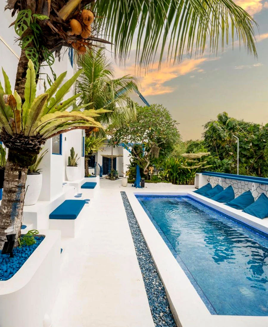 Tropical swimming pool at Bombora Surf Camp Uluwatu near Padang Padang Beach